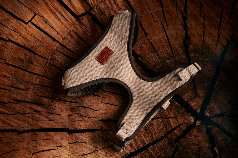 Brown tweed harness, front view