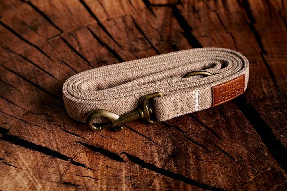 Folded brown tweed lead with metal clip